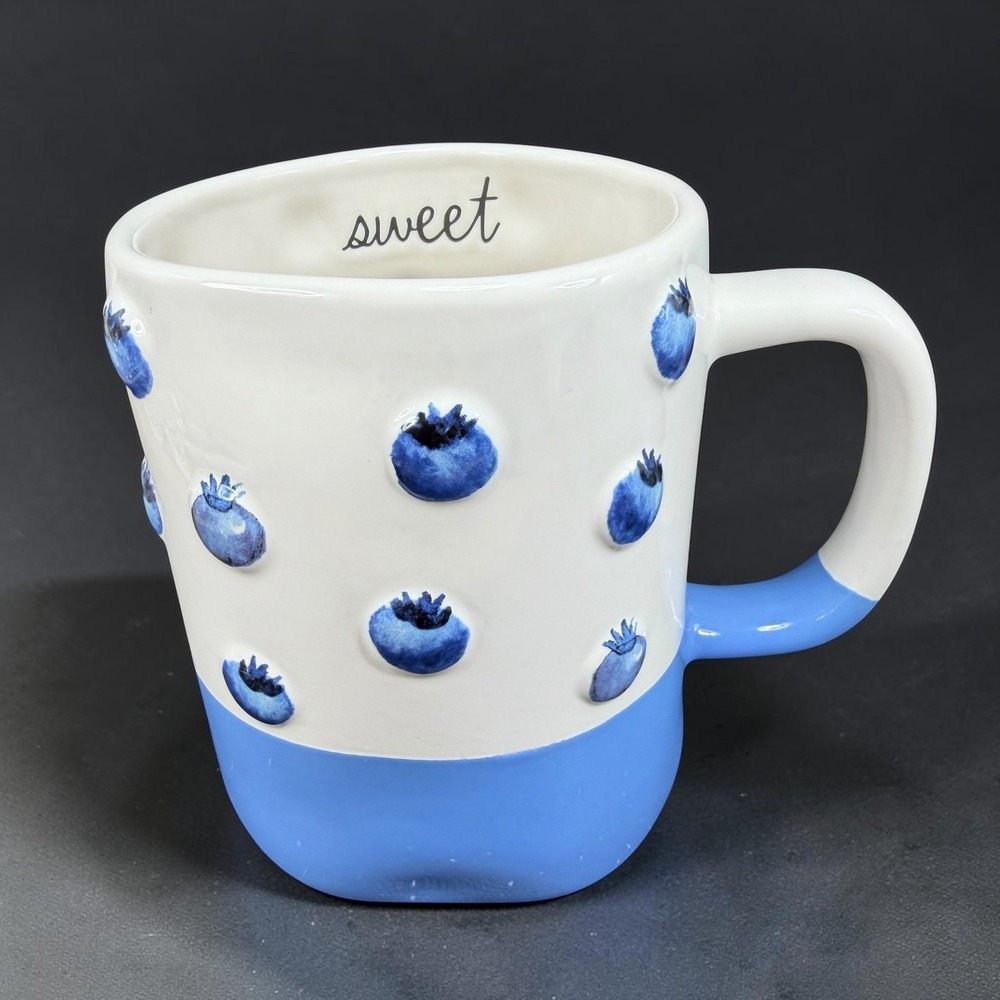 Rae Dunn Sweet Blueberry Embossed Ceramic Mug‎ White Blue Magenta Artisan 5in
